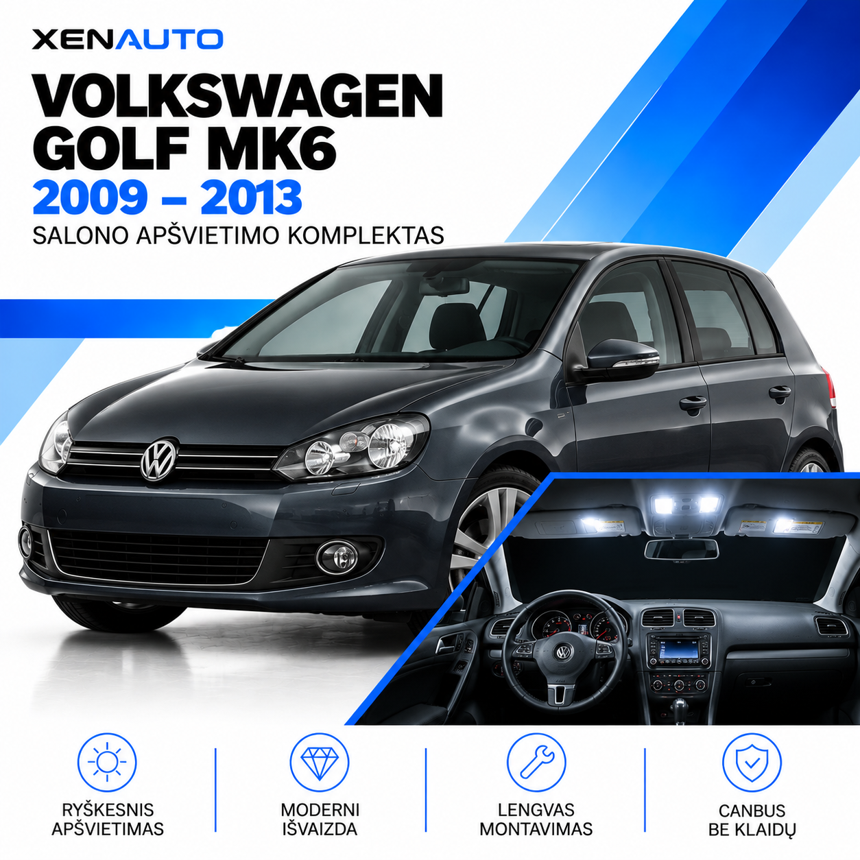 Volkswagen Golf 6 LED salono lemputės 2009–2013