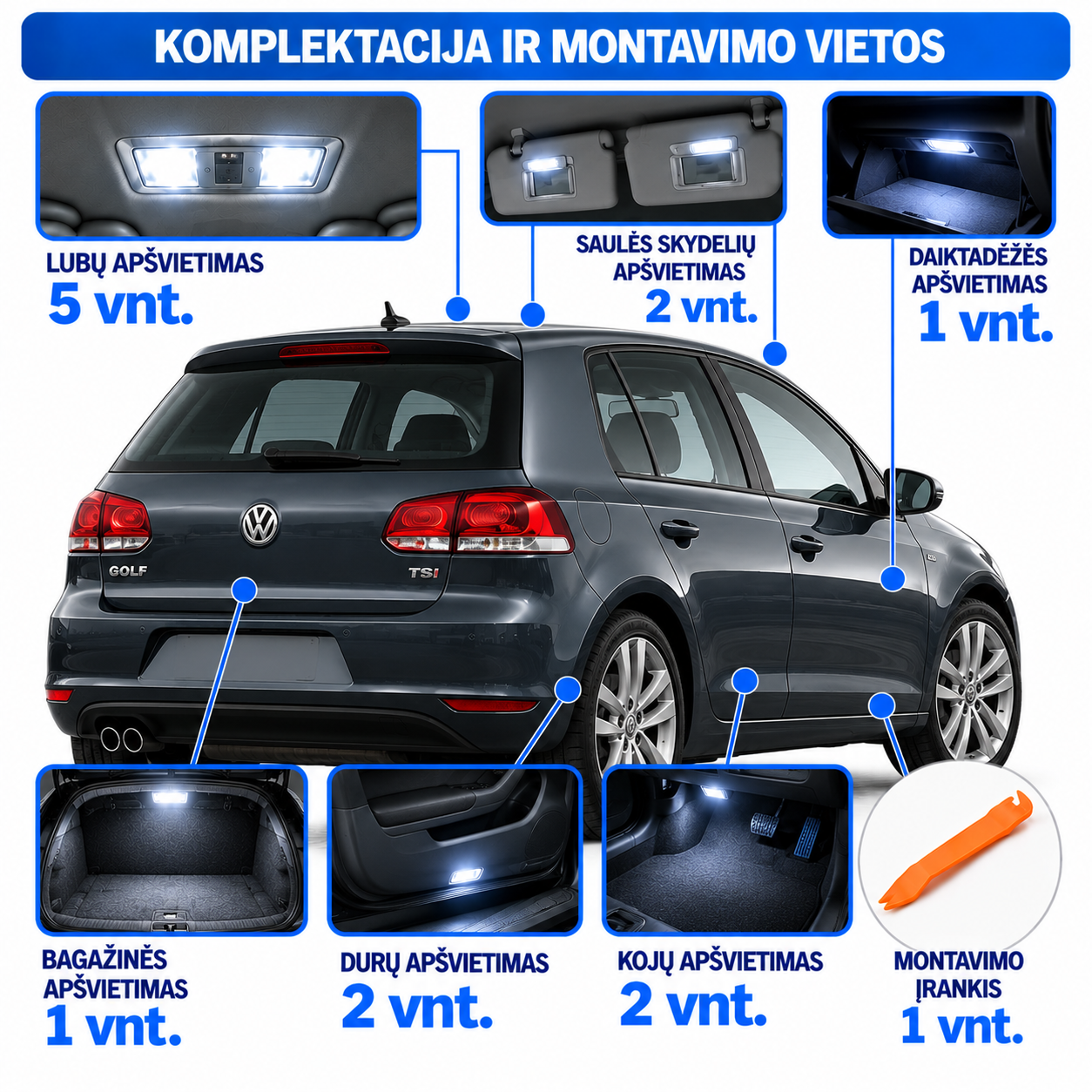 Volkswagen Golf LED apšvietimo komplektacija